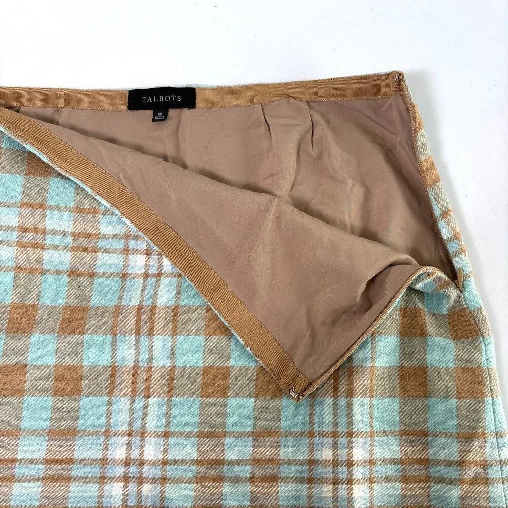 Talbots A Line Skirt‎ Womens Size 10 Blue Tan Plaid Side Zip Wool Blend Lined